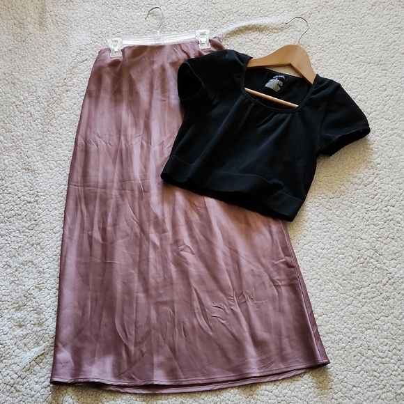A New Day Mauve Satin Maxi Slip Skirt & Wild Fable Black Ribbed Crop Top BUNDLE - Picture 1 of 16